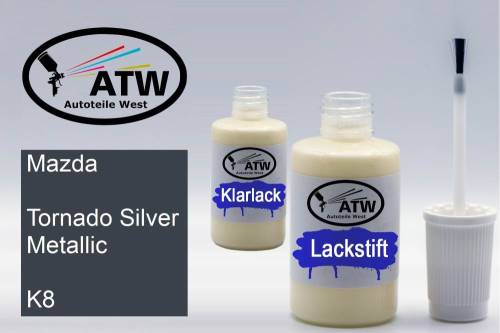 Mazda, Tornado Silver Metallic, K8: 20ml Lackstift + 20ml Klarlack - Set, von ATW Autoteile West.